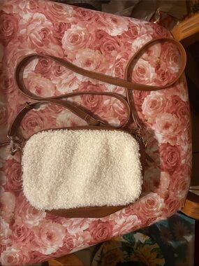 Women's Cream Sherpa Crossbody Bag with Tan Leather Trim